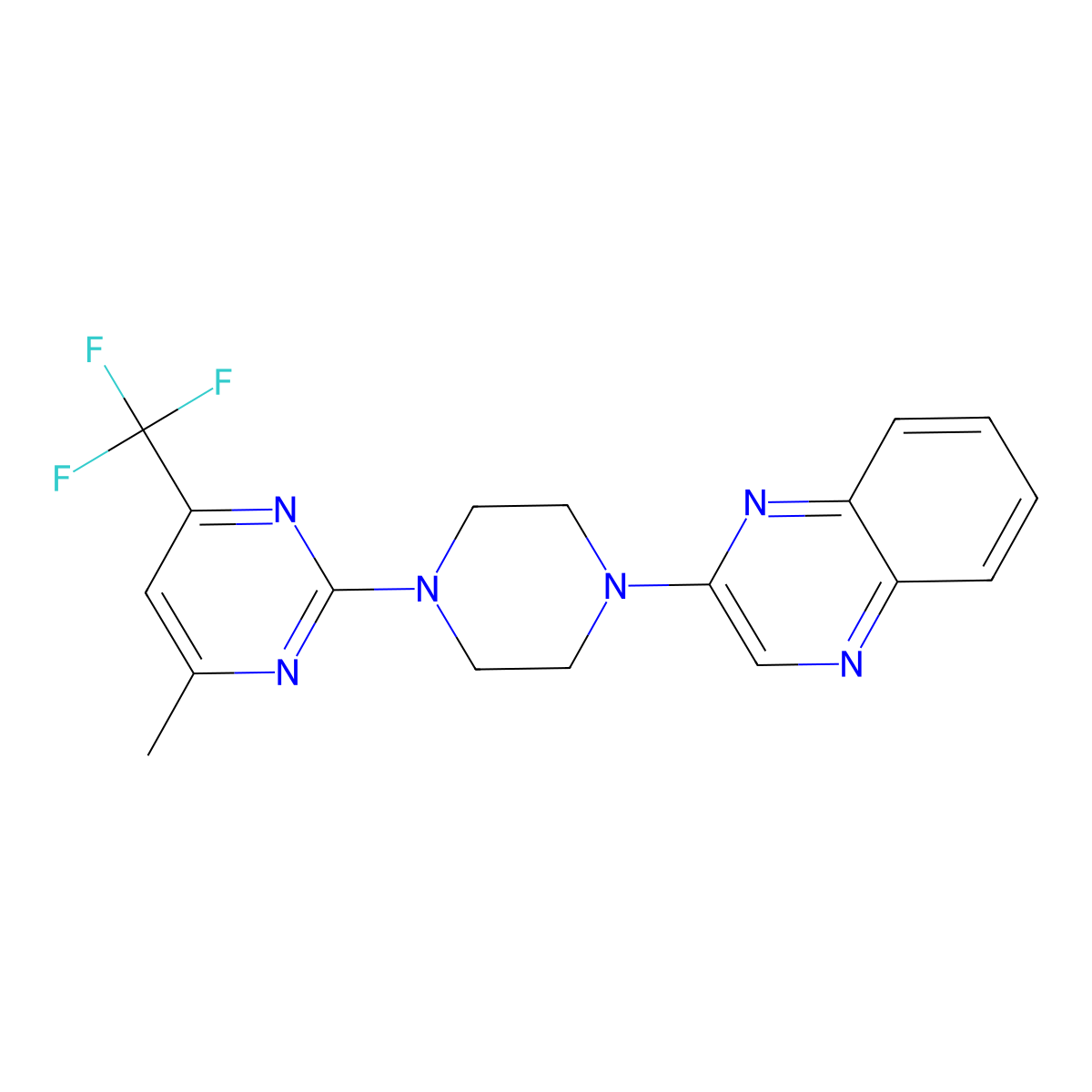 2-{4-[4-Methyl-6-(trifluoromethyl)pyrimidin-2-yl]piperazin-1-yl}quinoxaline molecular structure, CAS 2640959-51-7
