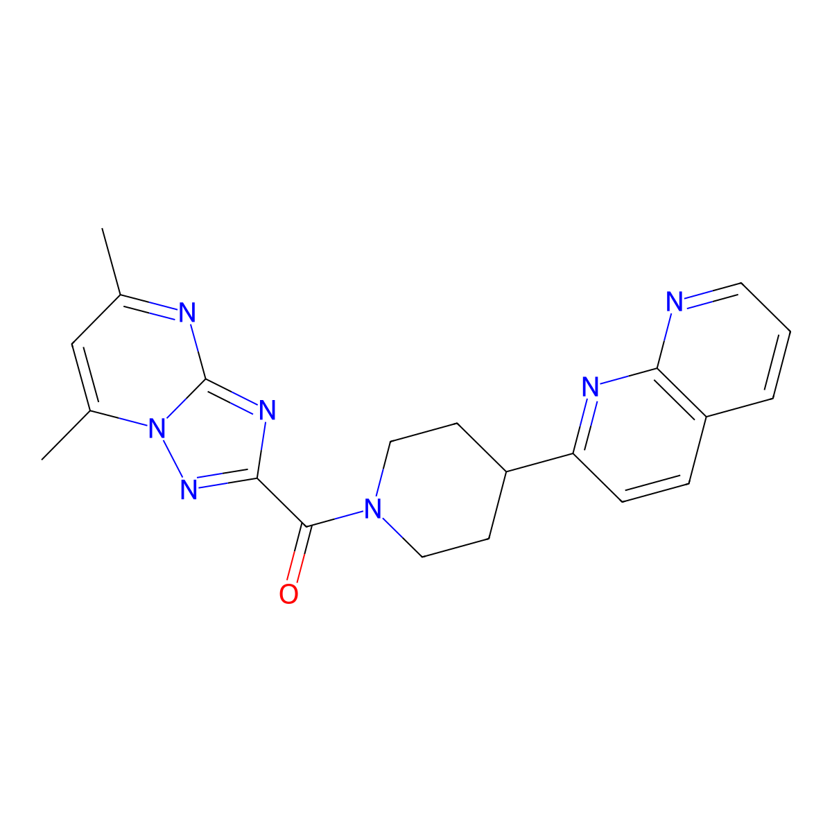2-(1-{5,7-Dimethyl-[1,2,4]triazolo[1,5-a]pyrimidine-2-carbonyl}piperidin-4-yl)-1,8-naphthyridine molecular structure, CAS 2640959-52-8