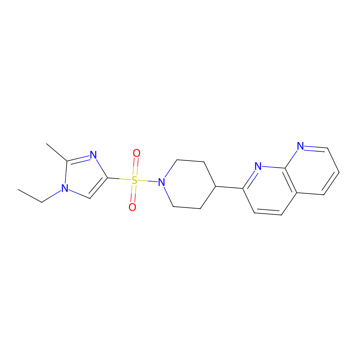 2-{1-[(1-ethyl-2-methyl-1H-imidazol-4-yl)sulfonyl]piperidin-4-yl}-1,8-naphthyridine molecular structure, CAS 2640959-63-1