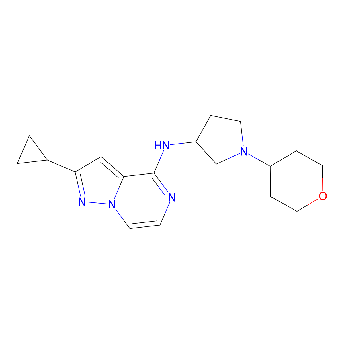 N-{2-cyclopropylpyrazolo[1,5-a]pyrazin-4-yl}-1-(oxan-4-yl)pyrrolidin-3-amine molecular structure, CAS 2640959-66-4