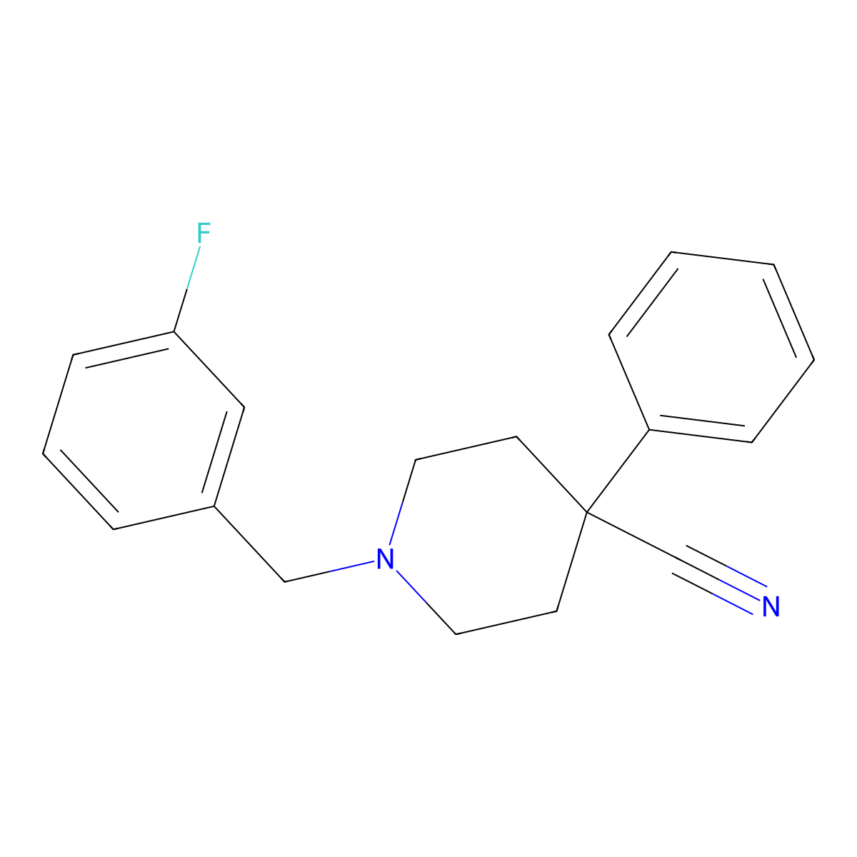 1-[(3-Fluorophenyl)methyl]-4-phenylpiperidine-4-carbonitrile molecular structure, CAS 2640959-68-6