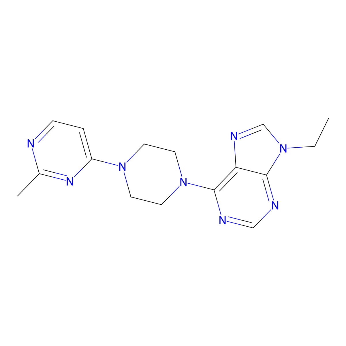 9-ethyl-6-[4-(2-methylpyrimidin-4-yl)piperazin-1-yl]-9H-purine molecular structure, CAS 2640959-74-4