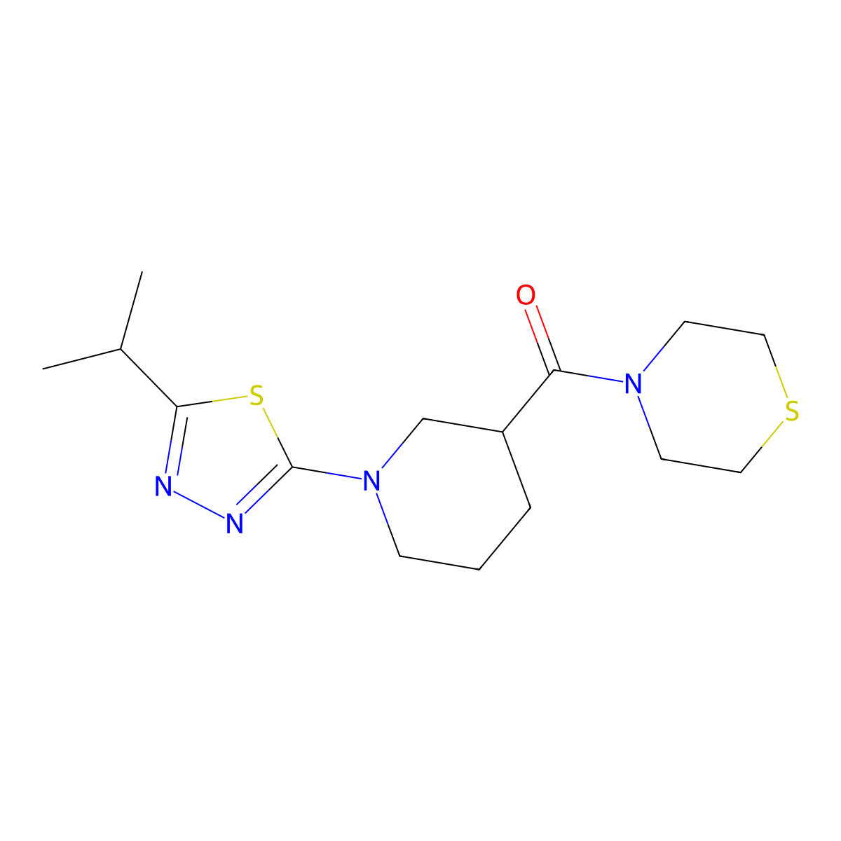 4-{1-[5-(Propan-2-yl)-1,3,4-thiadiazol-2-yl]piperidine-3-carbonyl}thiomorpholine molecular structure, CAS 2640959-75-5