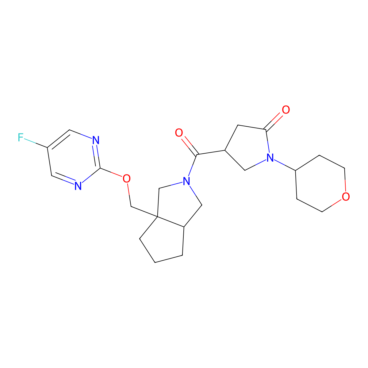 4-(3a-{[(5-Fluoropyrimidin-2-yl)oxy]methyl}-octahydrocyclopenta[c]pyrrole-2-carbonyl)-1-(oxan-4-yl)pyrrolidin-2-one molecular structure, CAS 2640959-80-2