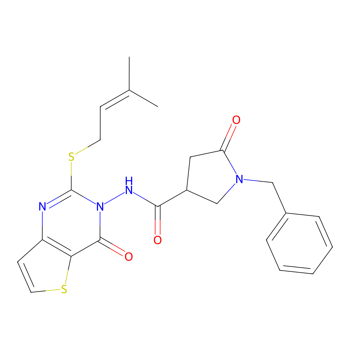 1-benzyl-N-{2-[(3-methylbut-2-en-1-yl)sulfanyl]-4-oxo-3H,4H-thieno[3,2-d]pyrimidin-3-yl}-5-oxopyrrolidine-3-carboxamide molecular structure, CAS 2640959-82-4
