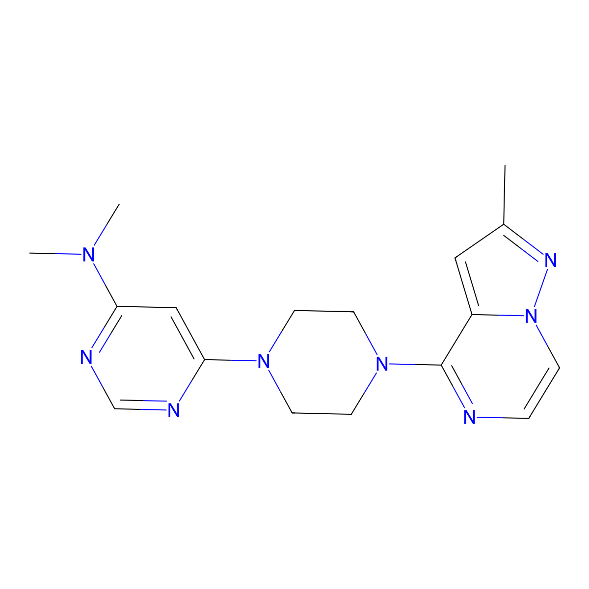 N,N-dimethyl-6-(4-{2-methylpyrazolo[1,5-a]pyrazin-4-yl}piperazin-1-yl)pyrimidin-4-amine molecular structure, CAS 2640959-84-6