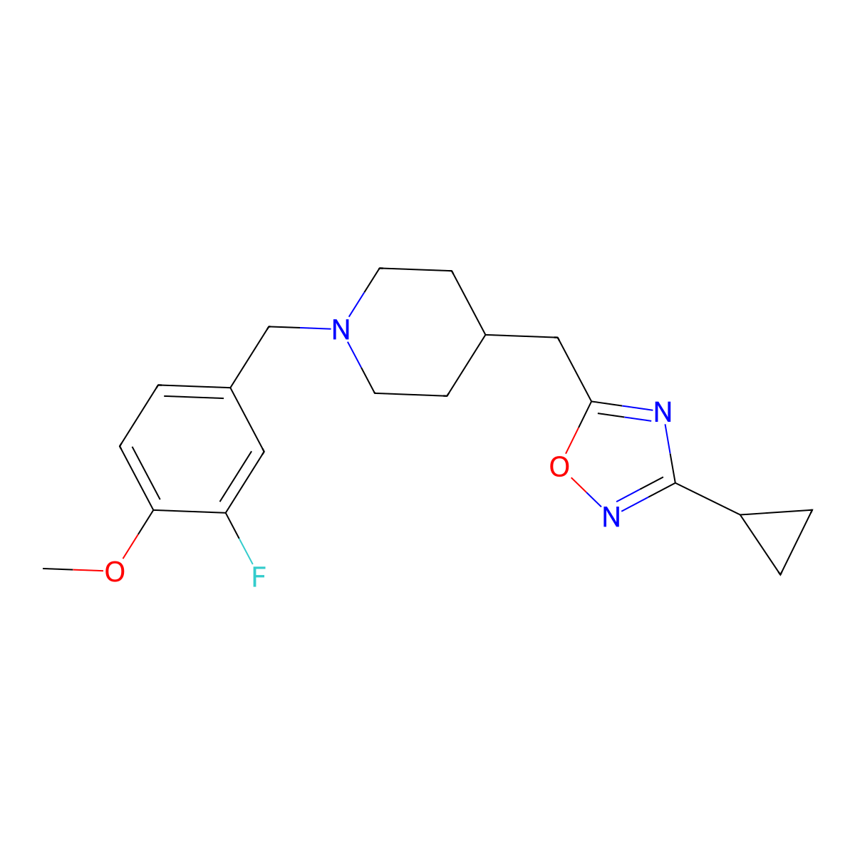 4-[(3-Cyclopropyl-1,2,4-oxadiazol-5-yl)methyl]-1-[(3-fluoro-4-methoxyphenyl)methyl]piperidine molecular structure, CAS 2640959-89-1