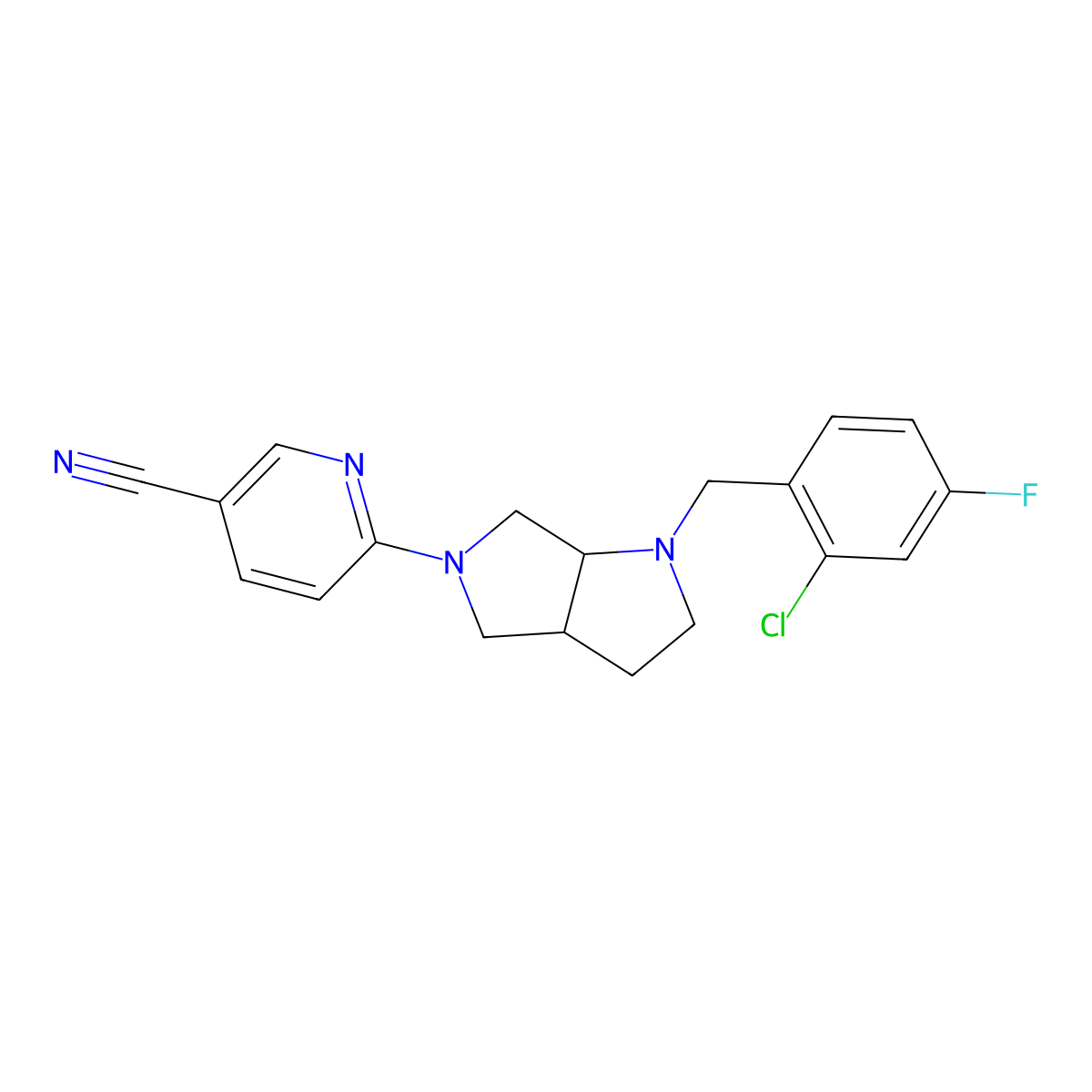 6-{1-[(2-Chloro-4-fluorophenyl)methyl]-octahydropyrrolo[2,3-c]pyrrol-5-yl}pyridine-3-carbonitrile molecular structure, CAS 2640959-94-8