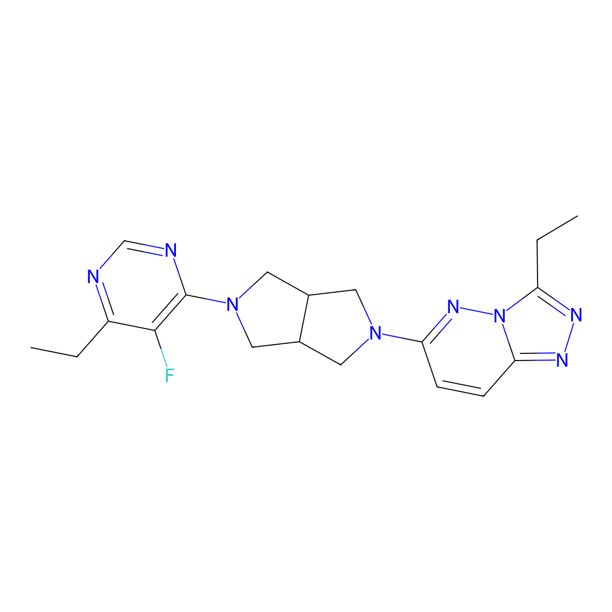 4-Ethyl-6-(5-{3-ethyl-[1,2,4]triazolo[4,3-b]pyridazin-6-yl}-octahydropyrrolo[3,4-c]pyrrol-2-yl)-5-fluoropyrimidine molecular structure, CAS 2640960-00-3