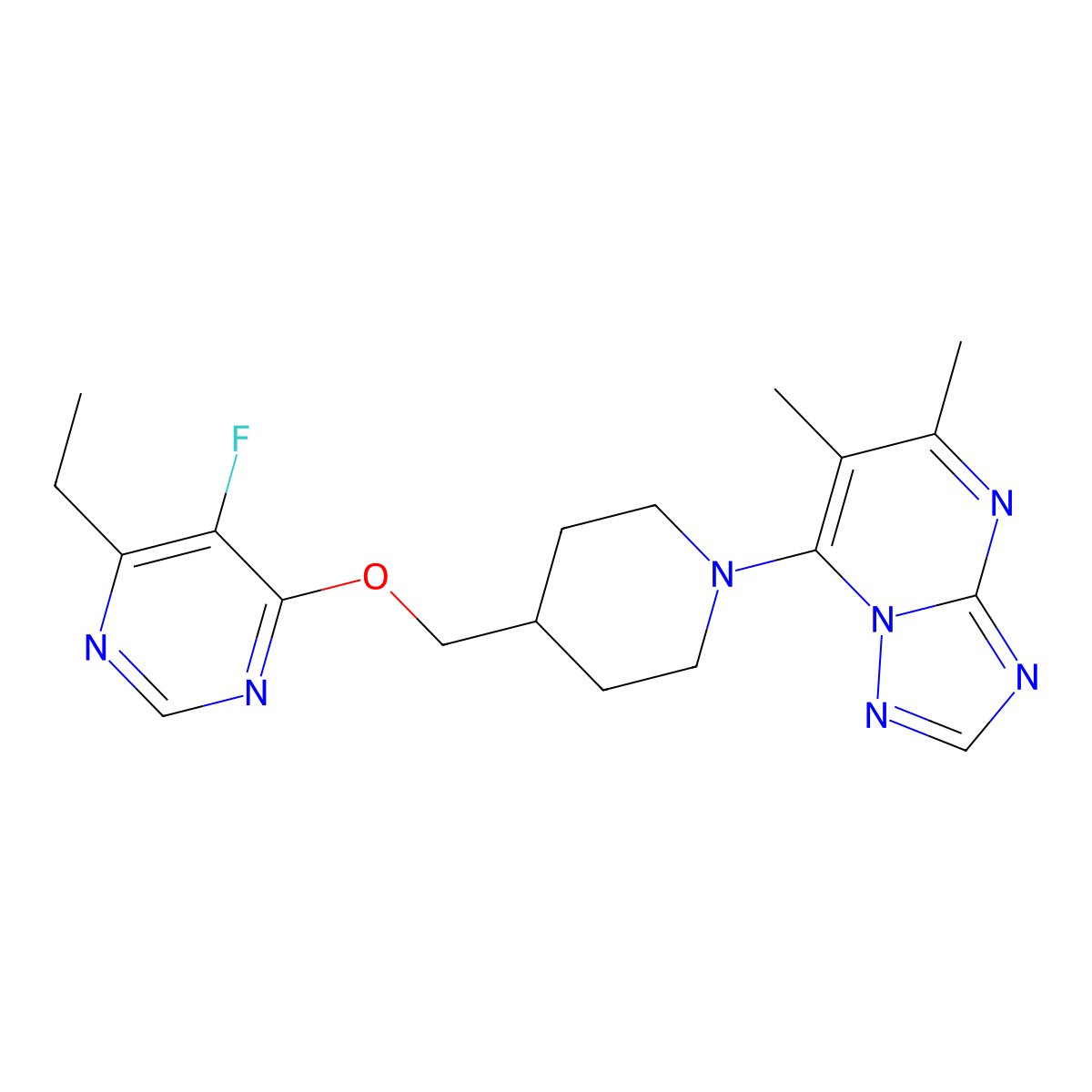 4-[(1-{5,6-Dimethyl-[1,2,4]triazolo[1,5-a]pyrimidin-7-yl}piperidin-4-yl)methoxy]-6-ethyl-5-fluoropyrimidine molecular structure, CAS 2640960-01-4