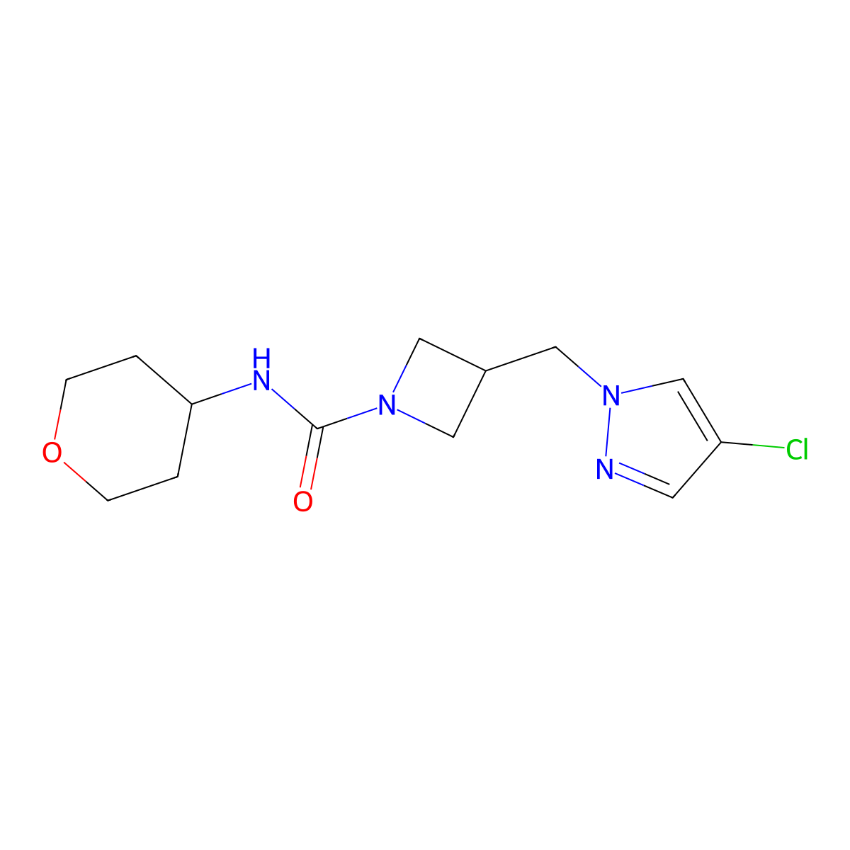 3-[(4-chloro-1H-pyrazol-1-yl)methyl]-N-(oxan-4-yl)azetidine-1-carboxamide molecular structure, CAS 2640960-04-7