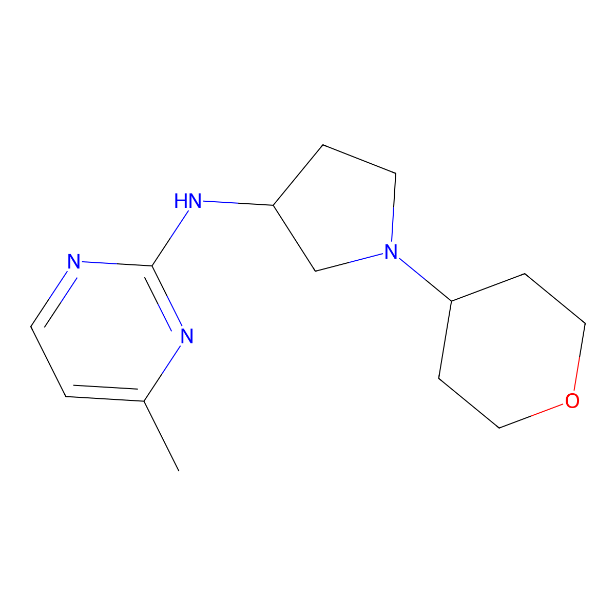 4-methyl-N-[1-(oxan-4-yl)pyrrolidin-3-yl]pyrimidin-2-amine molecular structure, CAS 2640960-07-0