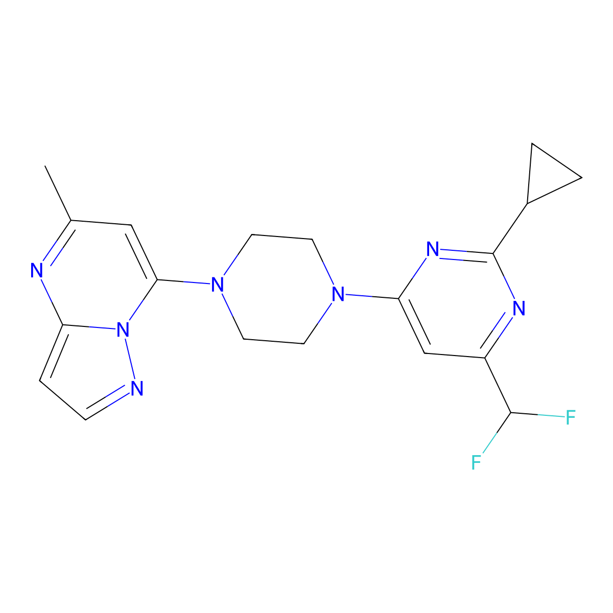2-Cyclopropyl-4-(difluoromethyl)-6-(4-{5-methylpyrazolo[1,5-a]pyrimidin-7-yl}piperazin-1-yl)pyrimidine molecular structure, CAS 2640960-14-9