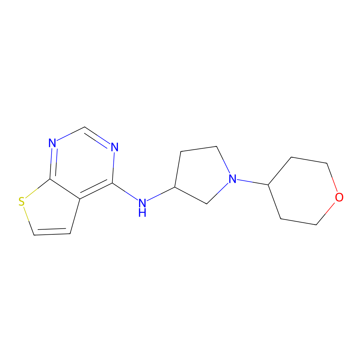 1-(oxan-4-yl)-N-{thieno[2,3-d]pyrimidin-4-yl}pyrrolidin-3-amine molecular structure, CAS 2640960-15-0