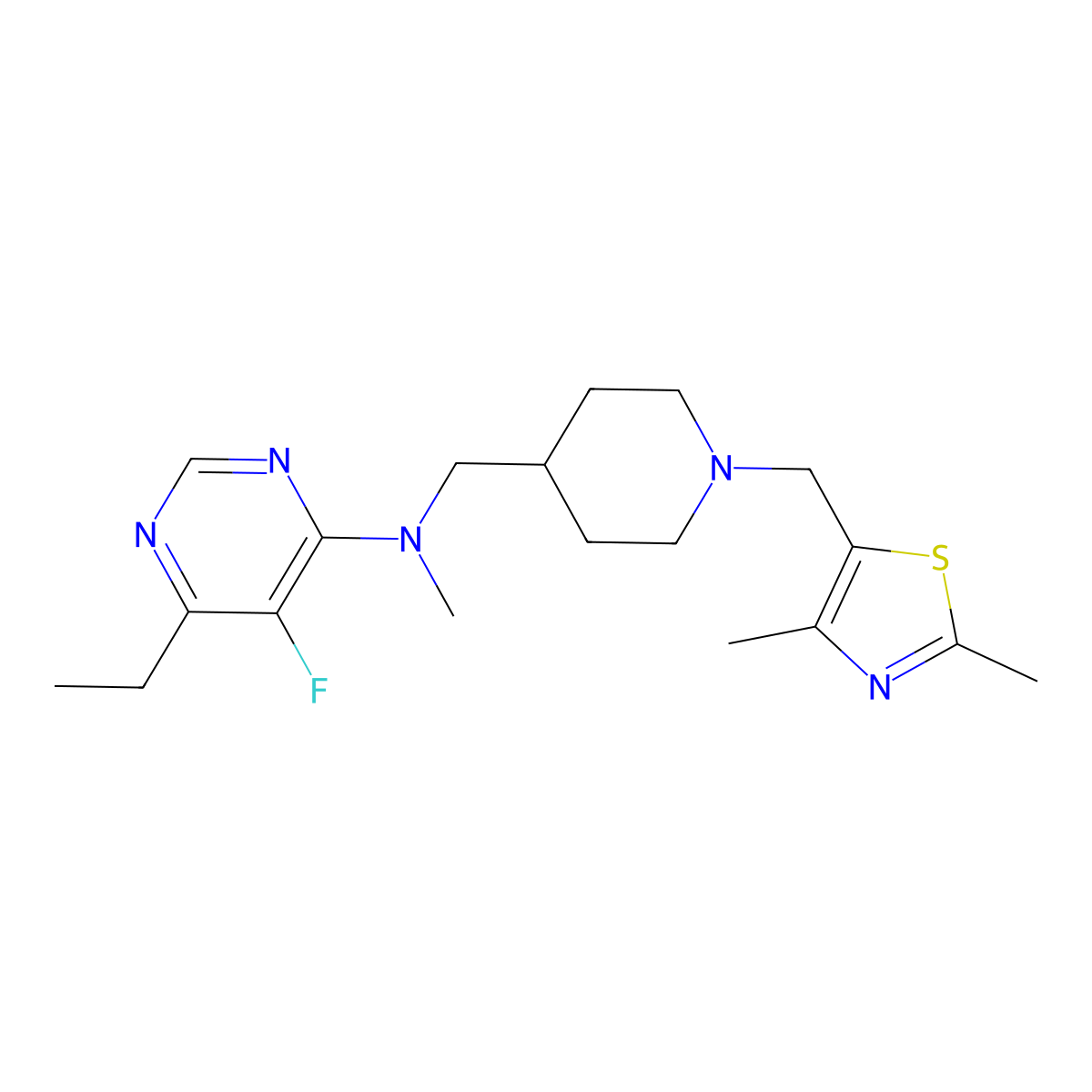 N-({1-[(2,4-dimethyl-1,3-thiazol-5-yl)methyl]piperidin-4-yl}methyl)-6-ethyl-5-fluoro-N-methylpyrimidin-4-amine molecular structure, CAS 2640960-16-1
