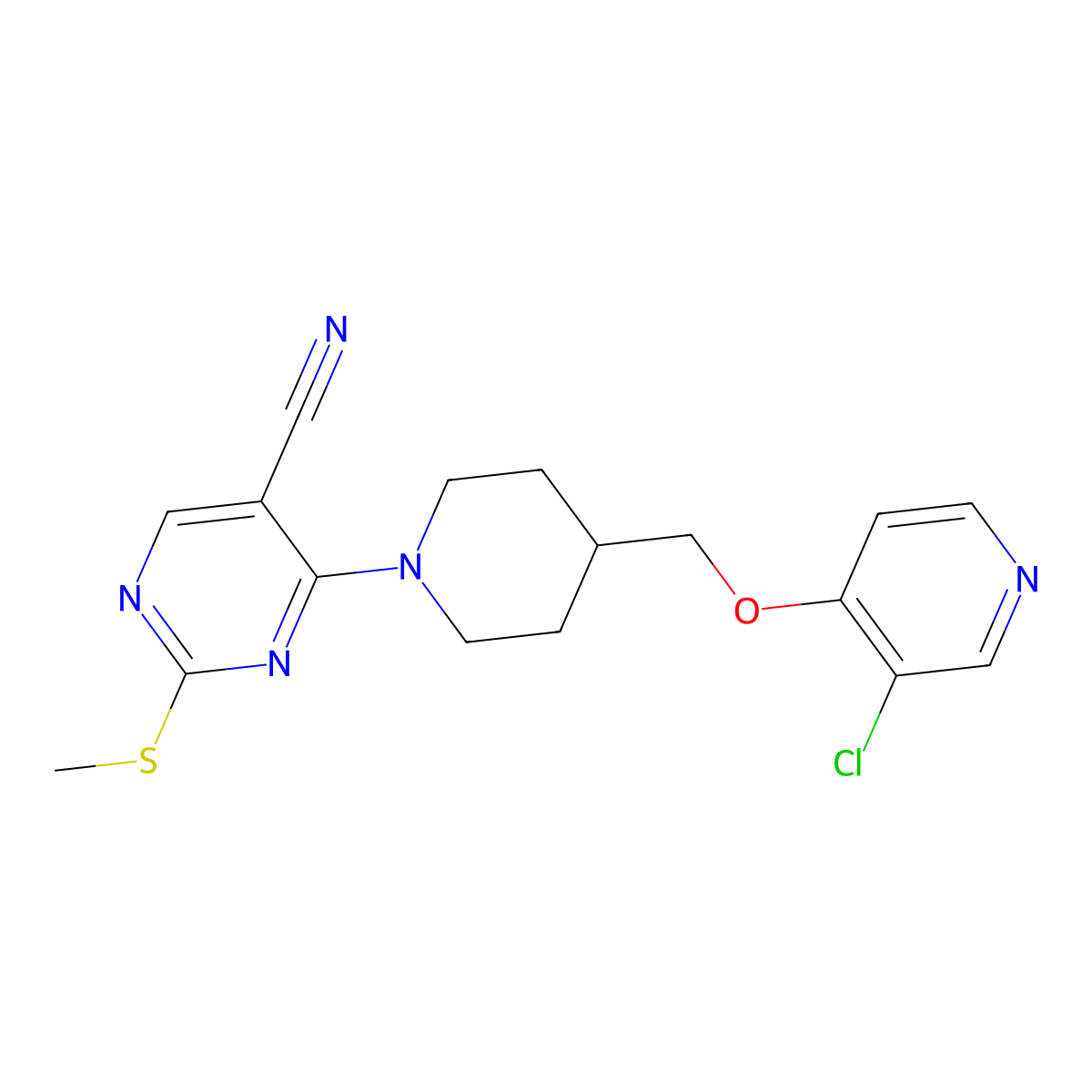 4-(4-{[(3-Chloropyridin-4-yl)oxy]methyl}piperidin-1-yl)-2-(methylsulfanyl)pyrimidine-5-carbonitrile molecular structure, CAS 2640960-17-2