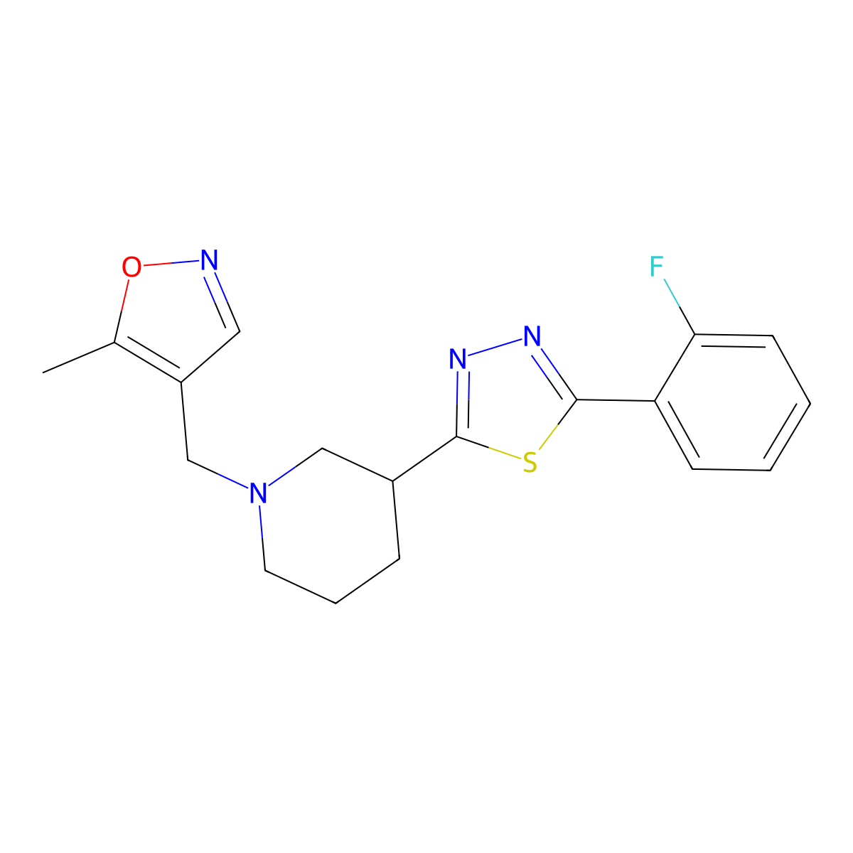 3-[5-(2-Fluorophenyl)-1,3,4-thiadiazol-2-yl]-1-[(5-methyl-1,2-oxazol-4-yl)methyl]piperidine molecular structure, CAS 2640960-18-3