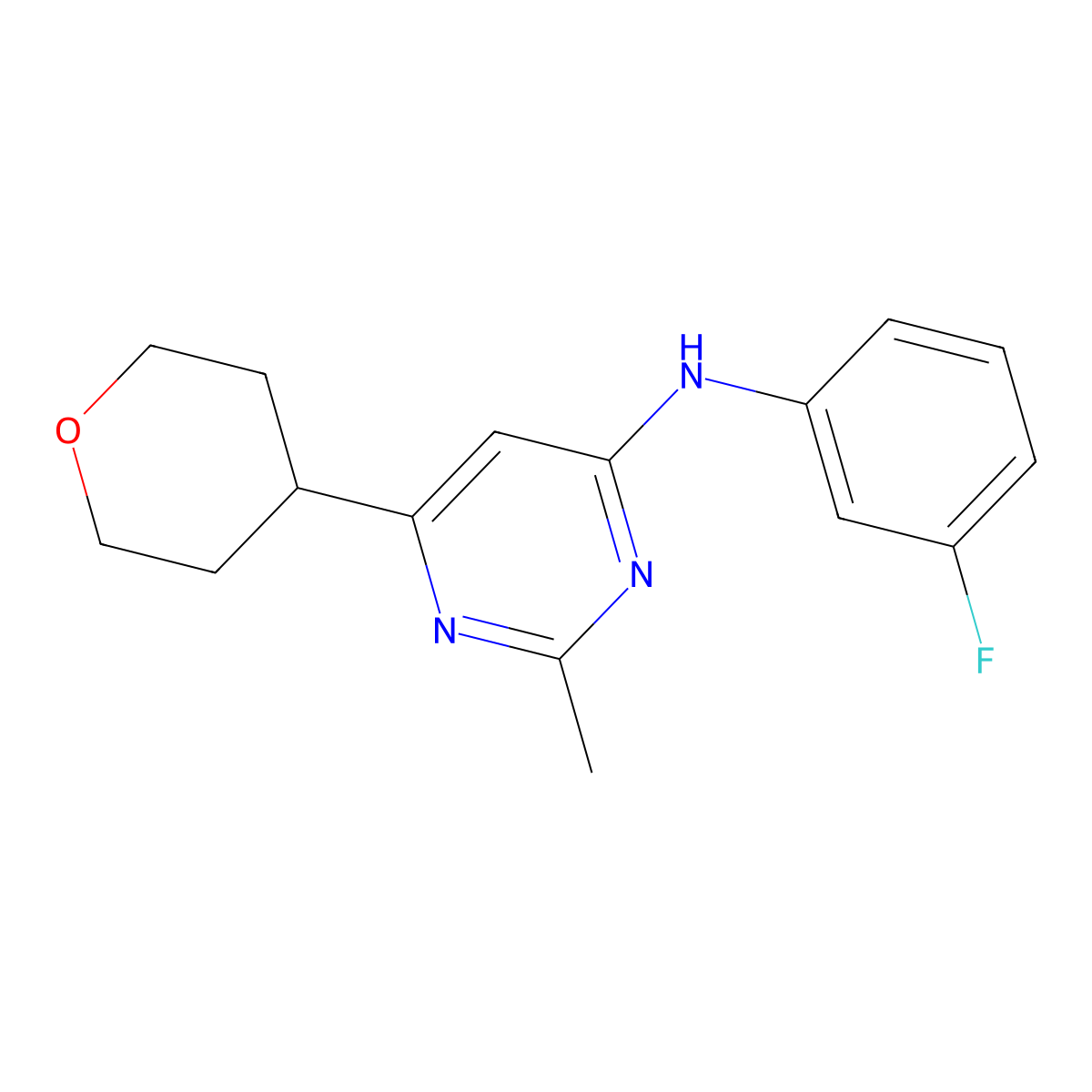 N-(3-fluorophenyl)-2-methyl-6-(oxan-4-yl)pyrimidin-4-amine molecular structure, CAS 2640960-21-8