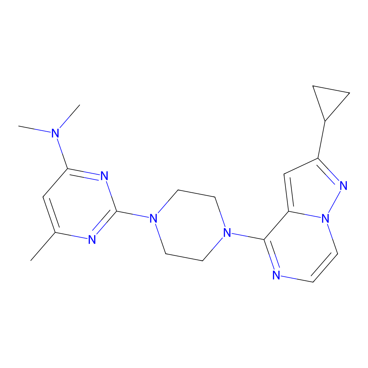 2-(4-{2-cyclopropylpyrazolo[1,5-a]pyrazin-4-yl}piperazin-1-yl)-N,N,6-trimethylpyrimidin-4-amine molecular structure, CAS 2640960-26-3