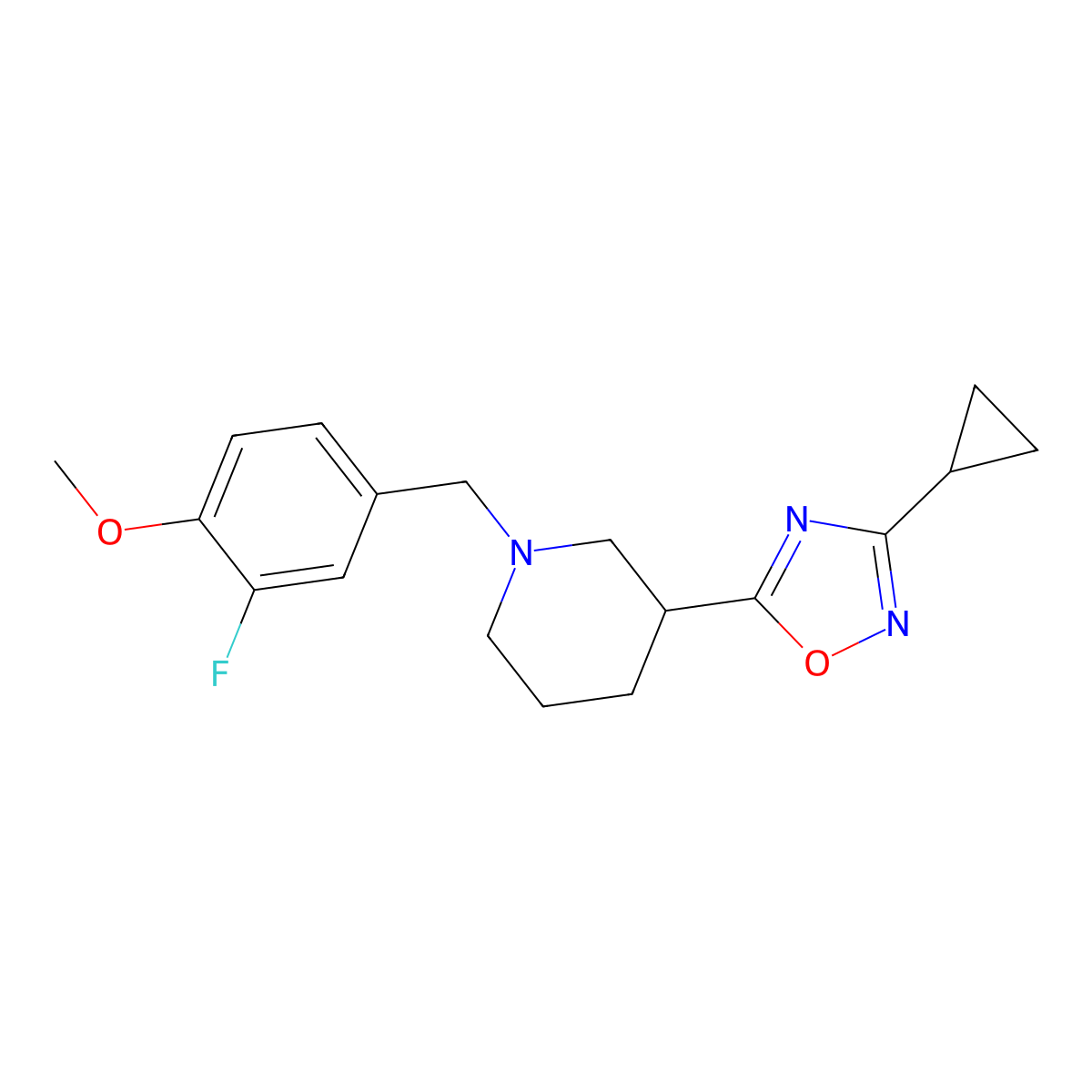3-(3-Cyclopropyl-1,2,4-oxadiazol-5-yl)-1-[(3-fluoro-4-methoxyphenyl)methyl]piperidine molecular structure, CAS 2640960-30-9