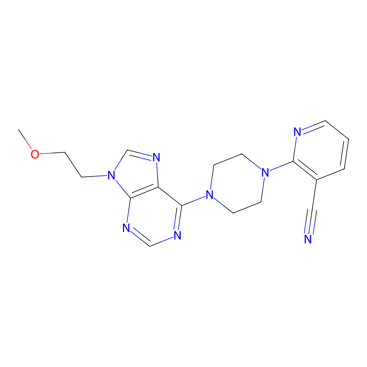 2-{4-[9-(2-methoxyethyl)-9H-purin-6-yl]piperazin-1-yl}pyridine-3-carbonitrile molecular structure, CAS 2640960-32-1