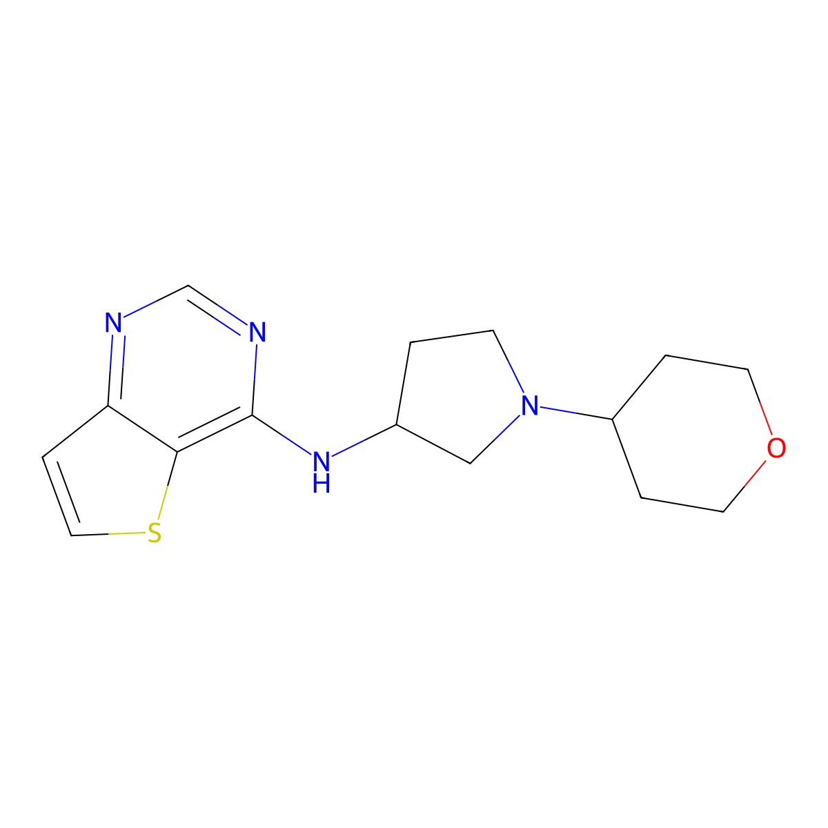 1-(oxan-4-yl)-N-{thieno[3,2-d]pyrimidin-4-yl}pyrrolidin-3-amine molecular structure, CAS 2640960-33-2