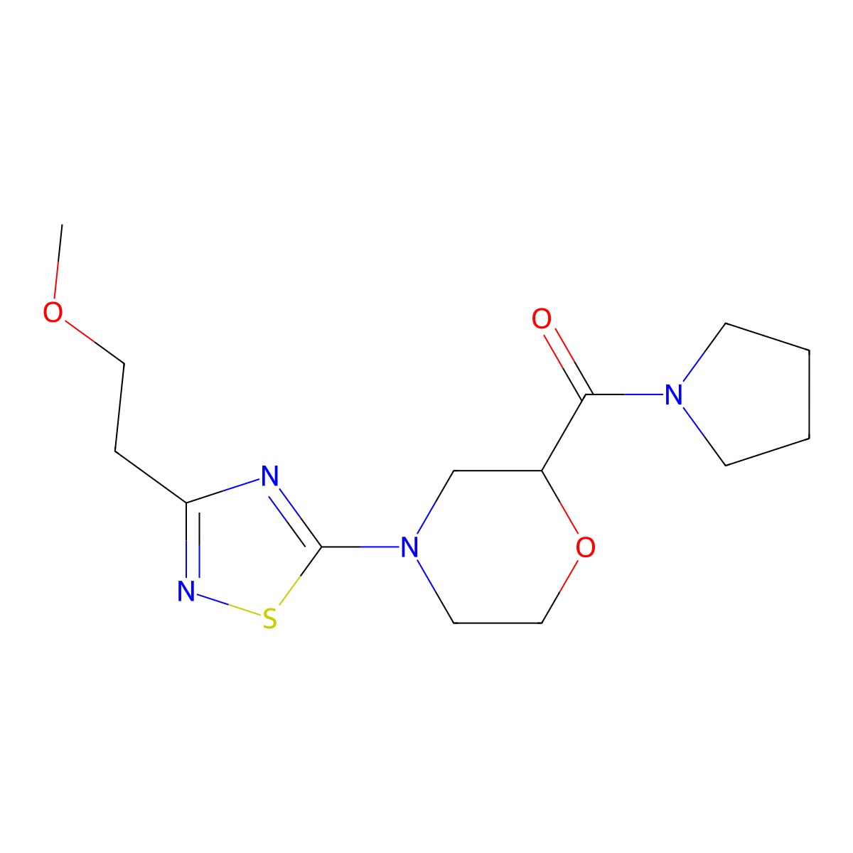 4-[3-(2-Methoxyethyl)-1,2,4-thiadiazol-5-yl]-2-(pyrrolidine-1-carbonyl)morpholine molecular structure, CAS 2640960-35-4