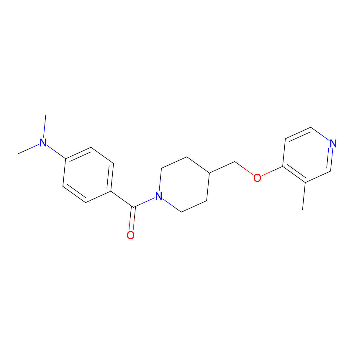 N,N-dimethyl-4-(4-{[(3-methylpyridin-4-yl)oxy]methyl}piperidine-1-carbonyl)aniline molecular structure, CAS 2640960-41-2
