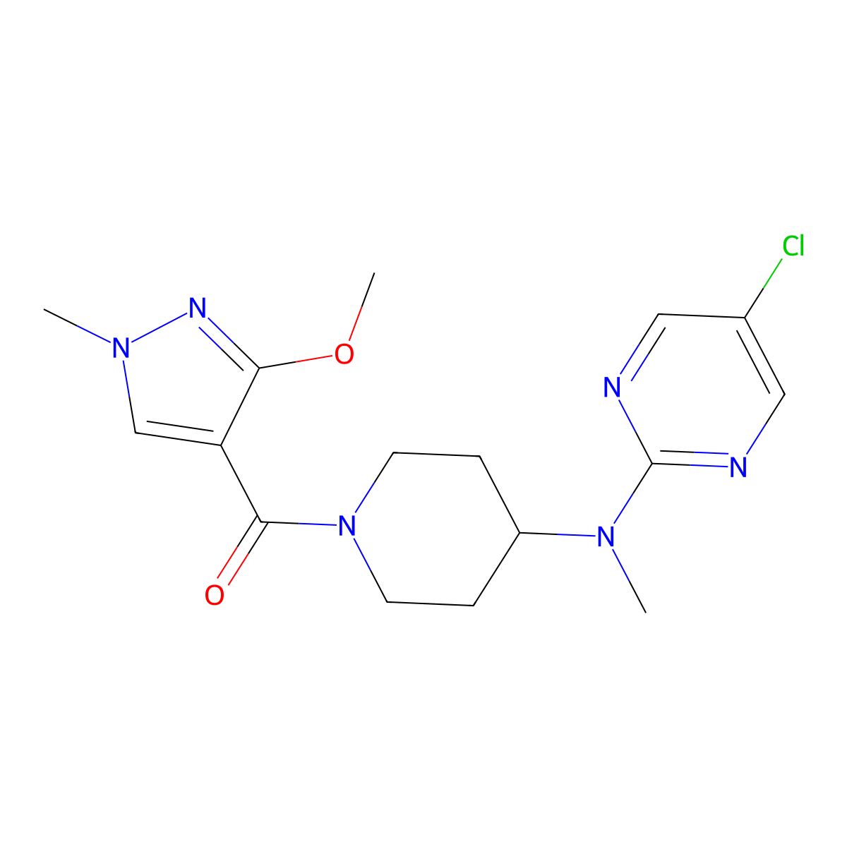 5-chloro-N-[1-(3-methoxy-1-methyl-1H-pyrazole-4-carbonyl)piperidin-4-yl]-N-methylpyrimidin-2-amine molecular structure, CAS 2640960-43-4