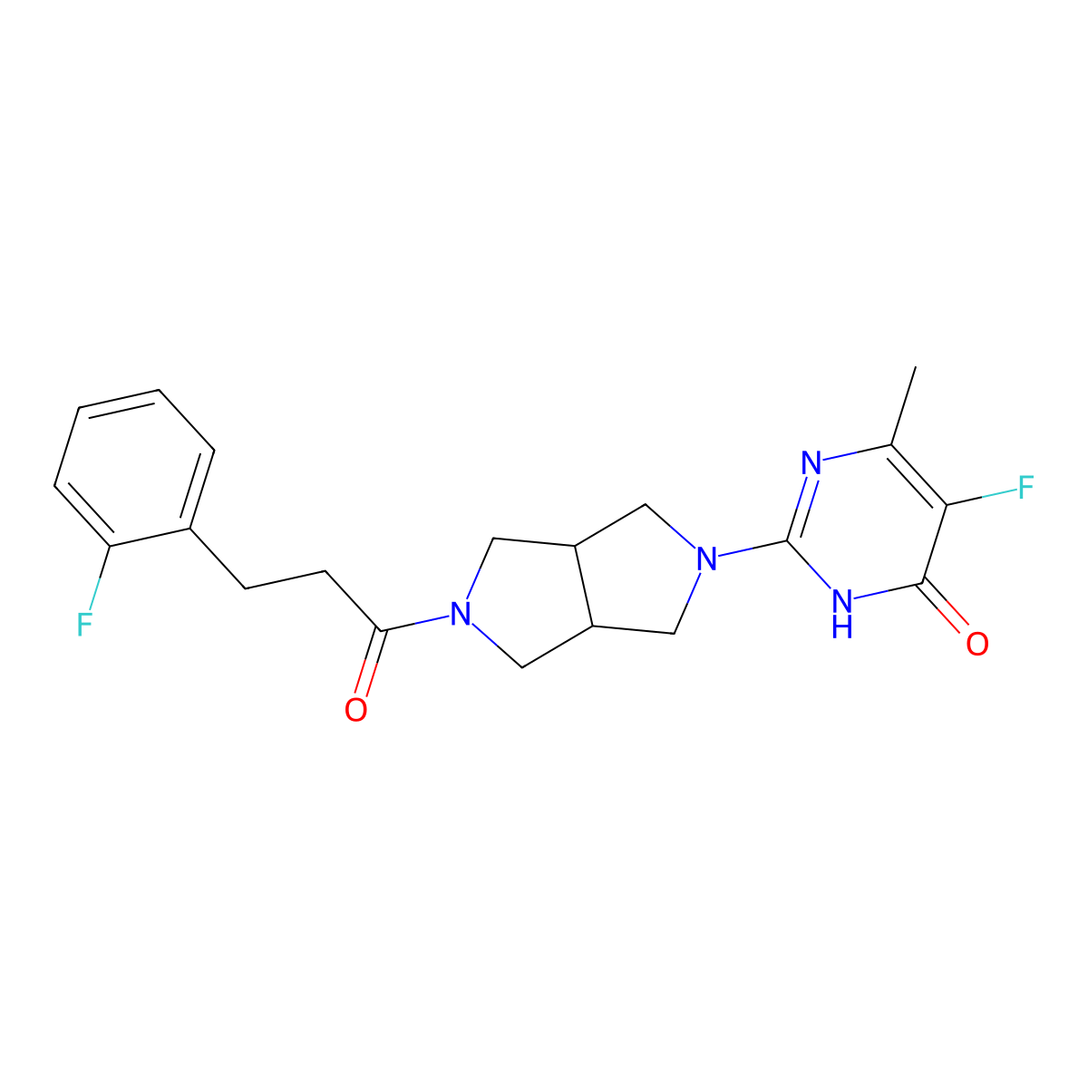 5-Fluoro-2-{5-[3-(2-fluorophenyl)propanoyl]-octahydropyrrolo[3,4-c]pyrrol-2-yl}-6-methyl-3,4-dihydropyrimidin-4-one molecular structure, CAS 2640960-57-0