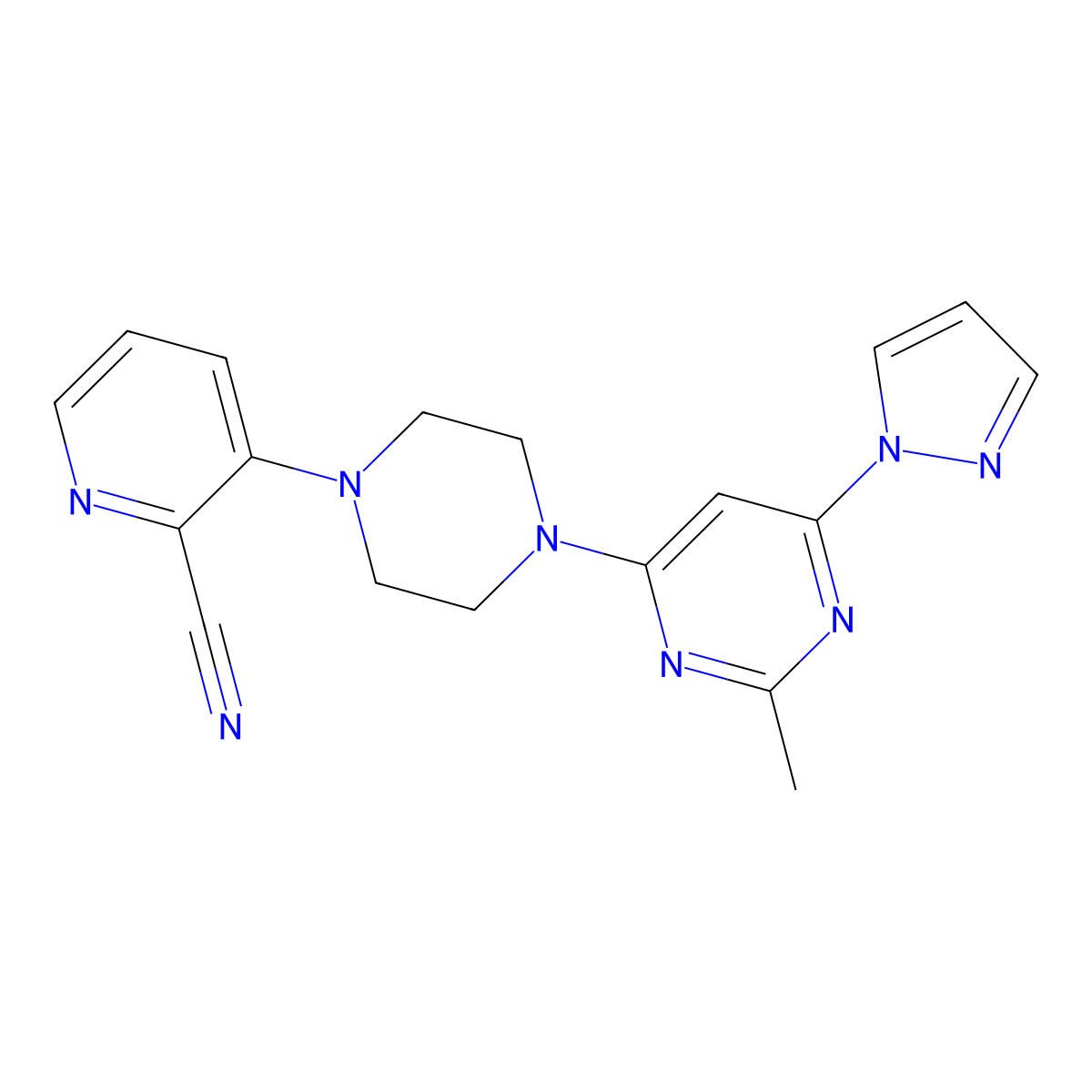 3-{4-[2-methyl-6-(1H-pyrazol-1-yl)pyrimidin-4-yl]piperazin-1-yl}pyridine-2-carbonitrile molecular structure, CAS 2640960-62-7