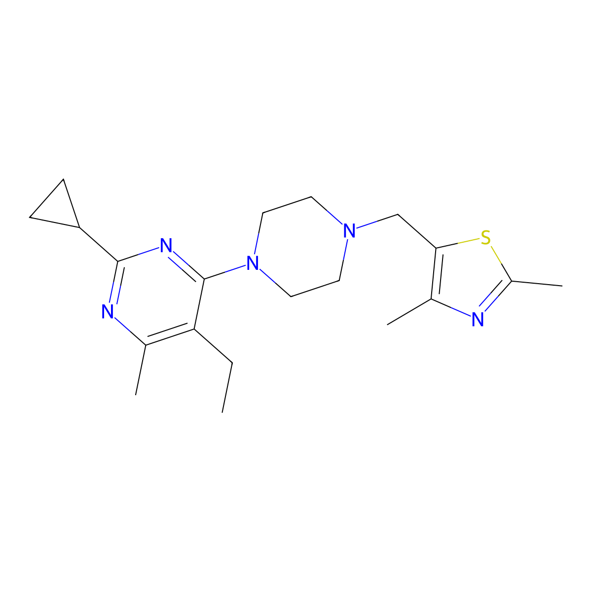 2-Cyclopropyl-4-{4-[(2,4-dimethyl-1,3-thiazol-5-yl)methyl]piperazin-1-yl}-5-ethyl-6-methylpyrimidine molecular structure, CAS 2640960-64-9