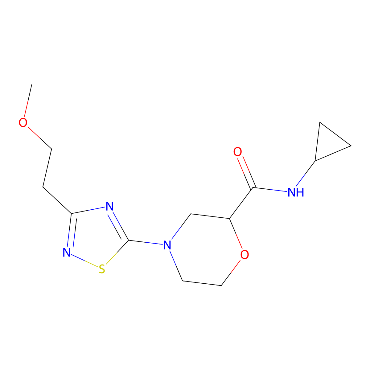 N-cyclopropyl-4-[3-(2-methoxyethyl)-1,2,4-thiadiazol-5-yl]morpholine-2-carboxamide molecular structure, CAS 2640960-72-9