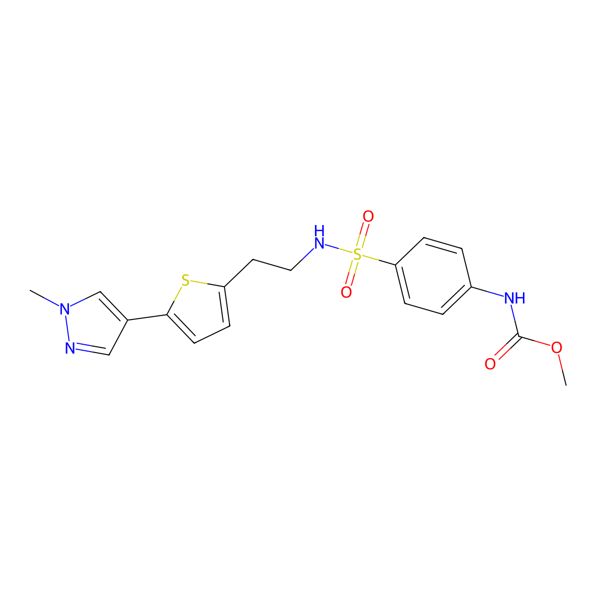 methyl N-[4-({2-[5-(1-methyl-1H-pyrazol-4-yl)thiophen-2-yl]ethyl}sulfamoyl)phenyl]carbamate molecular structure, CAS 2640960-74-1