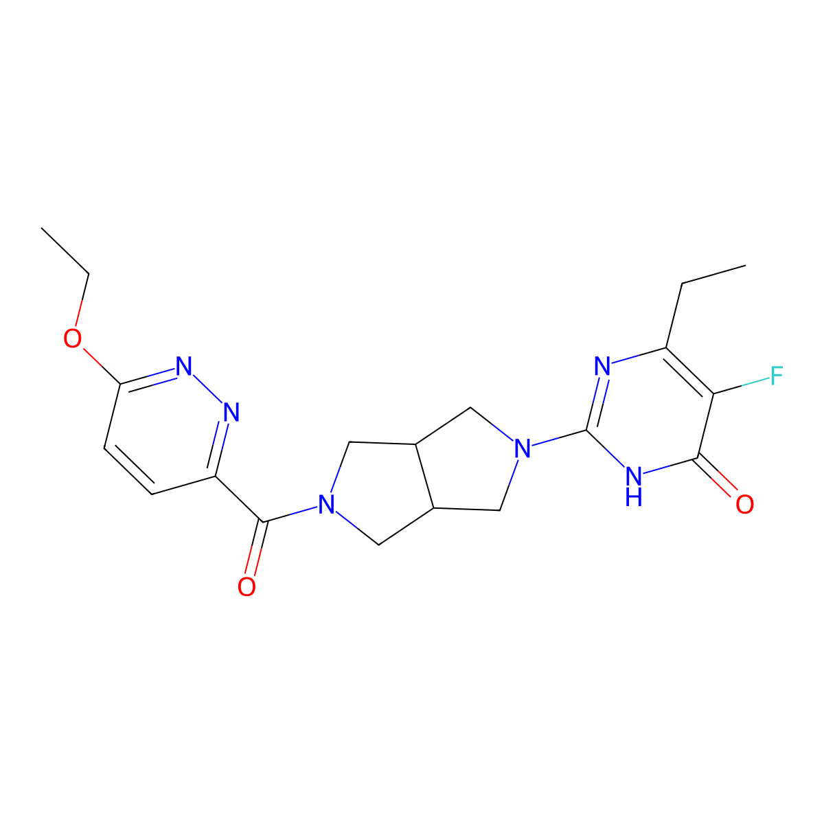 2-[5-(6-Ethoxypyridazine-3-carbonyl)-octahydropyrrolo[3,4-c]pyrrol-2-yl]-6-ethyl-5-fluoro-3,4-dihydropyrimidin-4-one molecular structure, CAS 2640960-76-3