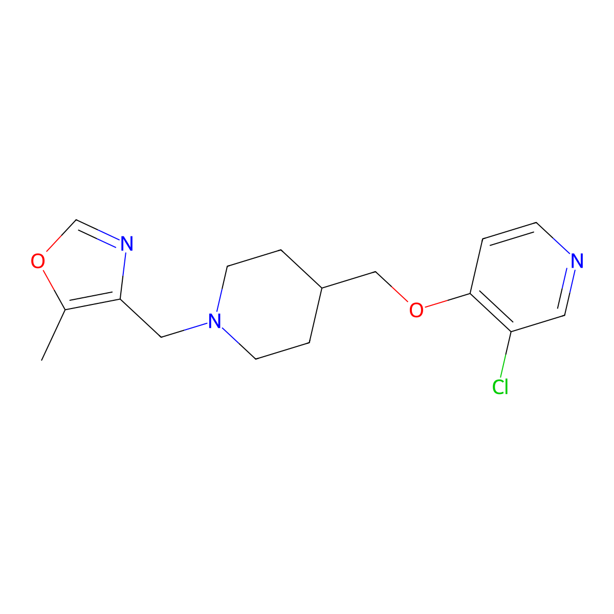 3-Chloro-4-({1-[(5-methyl-1,3-oxazol-4-yl)methyl]piperidin-4-yl}methoxy)pyridine molecular structure, CAS 2640960-83-2
