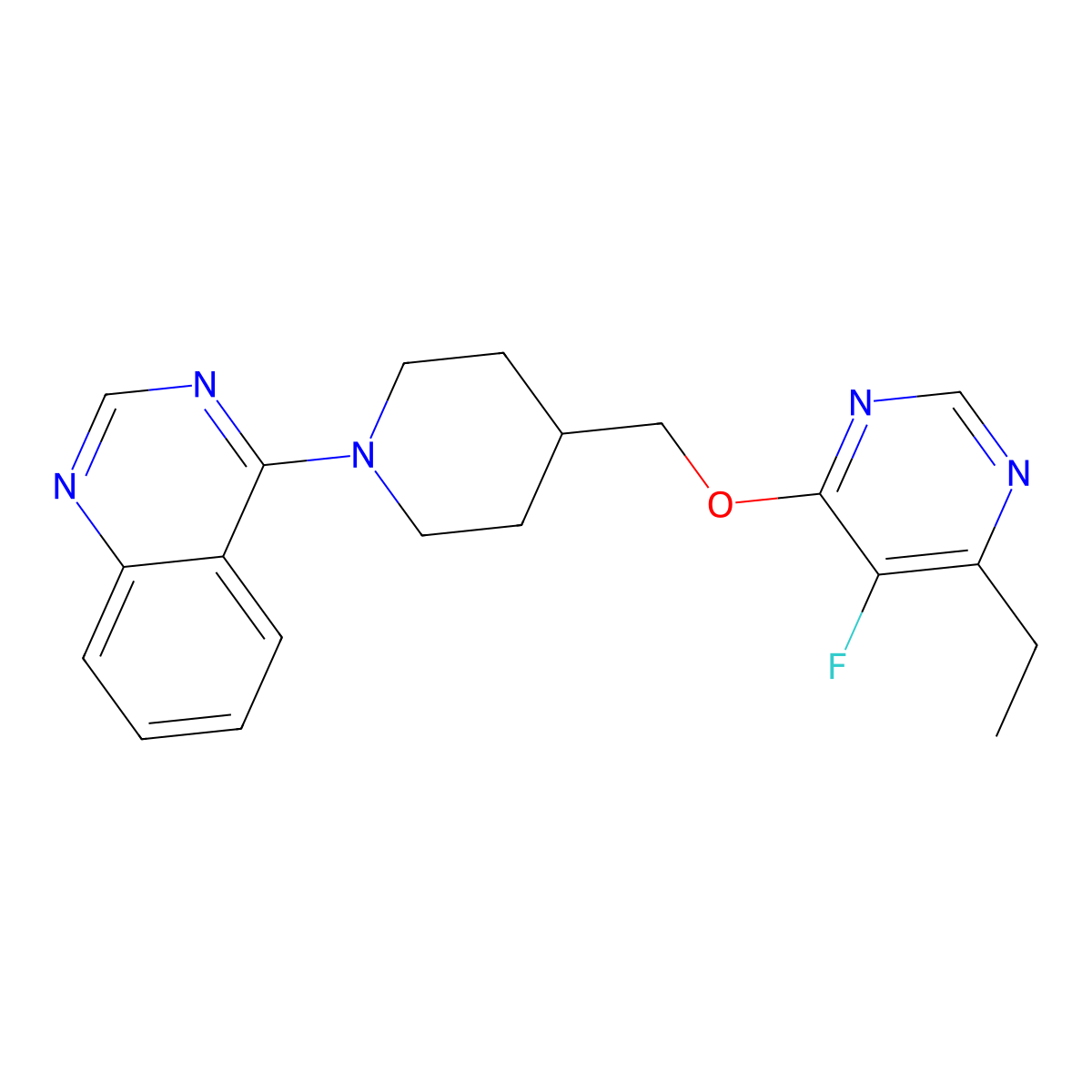 4-(4-{[(6-Ethyl-5-fluoropyrimidin-4-yl)oxy]methyl}piperidin-1-yl)quinazoline molecular structure, CAS 2640960-88-7