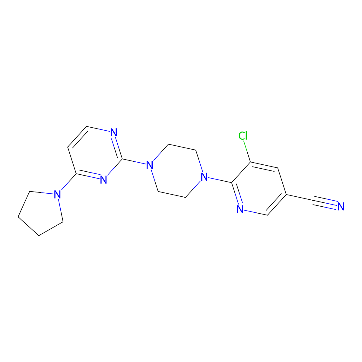 5-Chloro-6-{4-[4-(pyrrolidin-1-yl)pyrimidin-2-yl]piperazin-1-yl}pyridine-3-carbonitrile molecular structure, CAS 2640960-91-2