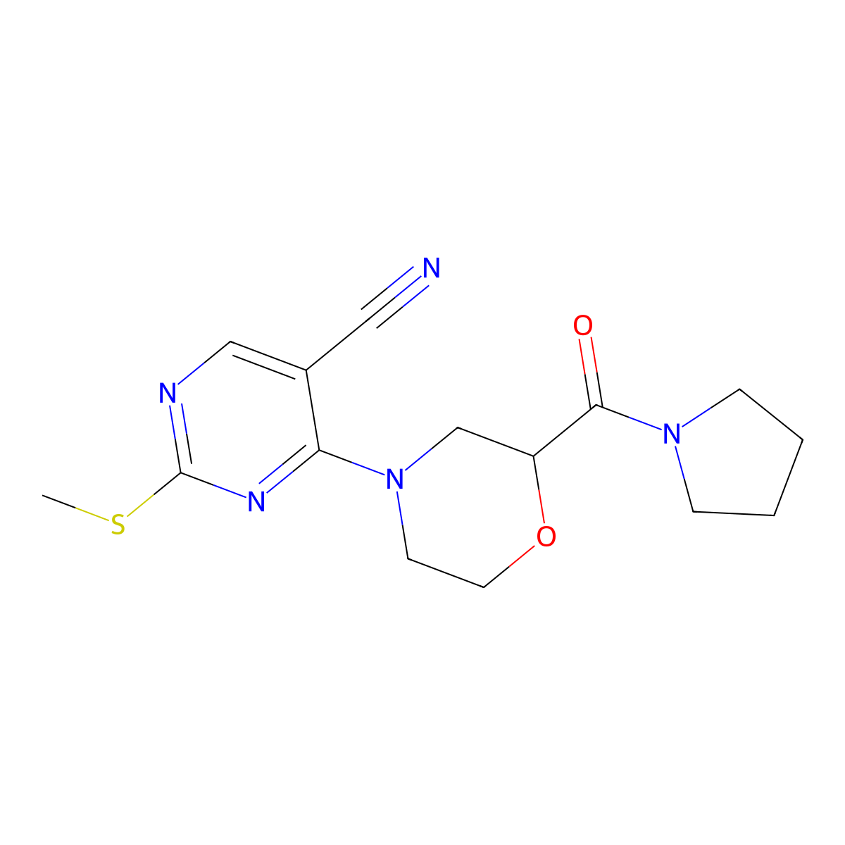 2-(Methylsulfanyl)-4-[2-(pyrrolidine-1-carbonyl)morpholin-4-yl]pyrimidine-5-carbonitrile molecular structure, CAS 2640960-93-4