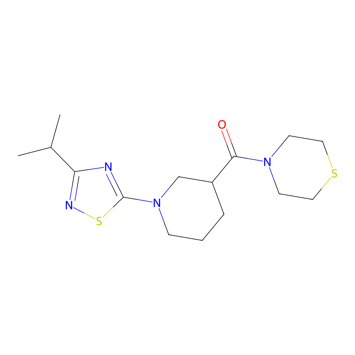 4-{1-[3-(Propan-2-yl)-1,2,4-thiadiazol-5-yl]piperidine-3-carbonyl}thiomorpholine molecular structure, CAS 2640960-96-7