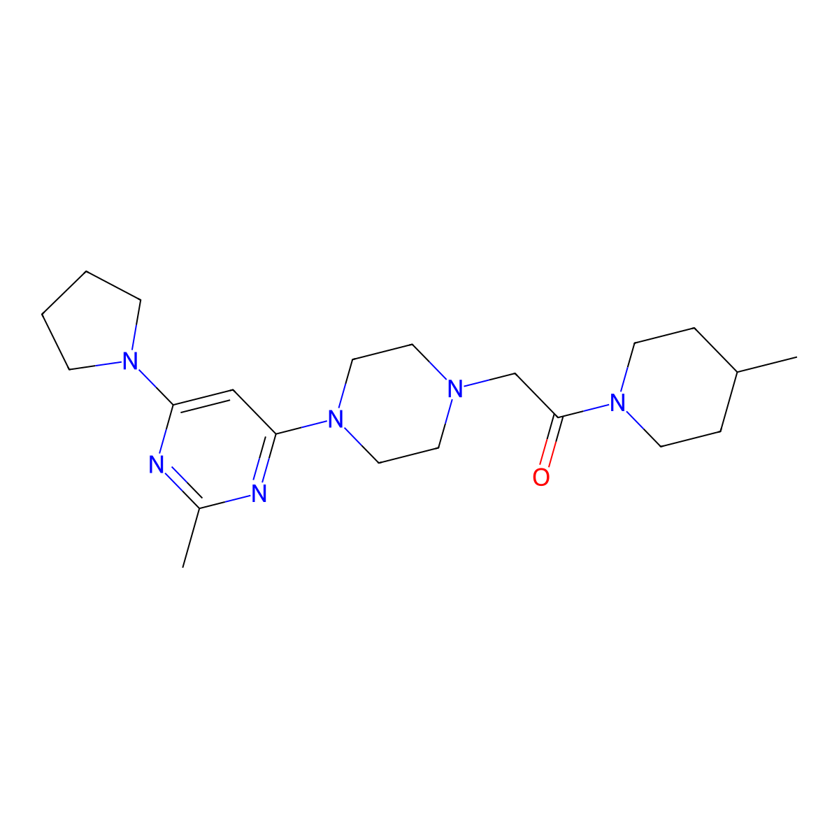 2-{4-[2-Methyl-6-(pyrrolidin-1-yl)pyrimidin-4-yl]piperazin-1-yl}-1-(4-methylpiperidin-1-yl)ethan-1-one molecular structure, CAS 2640961-05-1