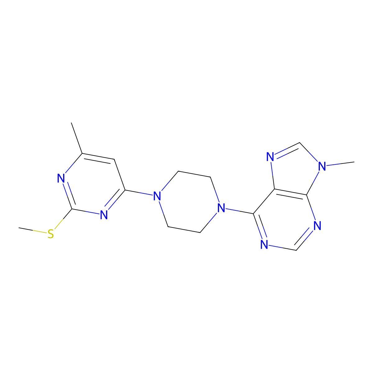 9-methyl-6-{4-[6-methyl-2-(methylsulfanyl)pyrimidin-4-yl]piperazin-1-yl}-9H-purine molecular structure, CAS 2640961-06-2