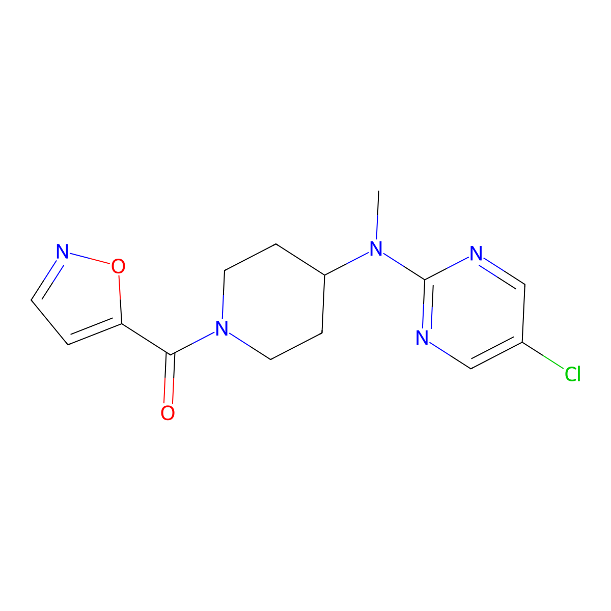5-chloro-N-methyl-N-[1-(1,2-oxazole-5-carbonyl)piperidin-4-yl]pyrimidin-2-amine molecular structure, CAS 2640961-08-4