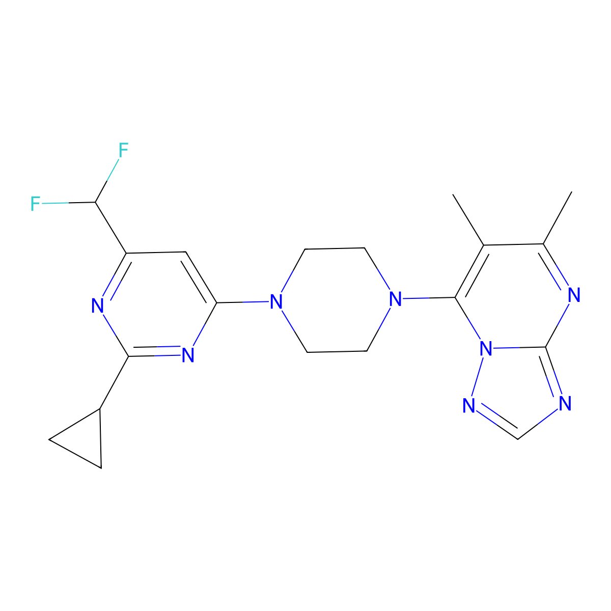 2-Cyclopropyl-4-(difluoromethyl)-6-(4-{5,6-dimethyl-[1,2,4]triazolo[1,5-a]pyrimidin-7-yl}piperazin-1-yl)pyrimidine molecular structure, CAS 2640961-31-3