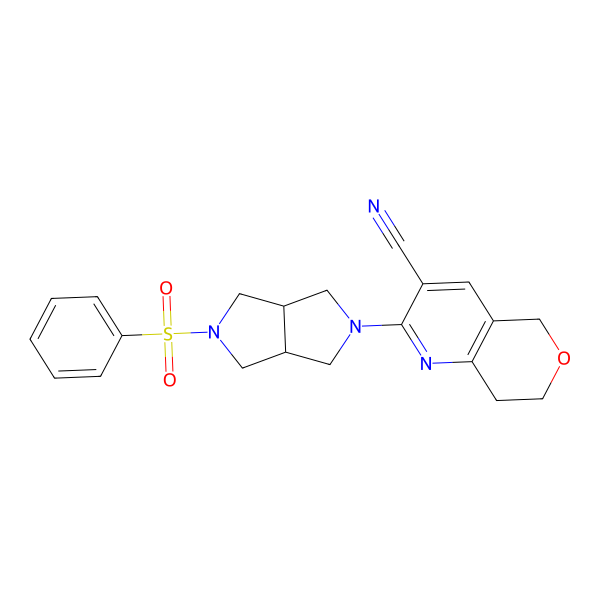 2-[5-(benzenesulfonyl)-octahydropyrrolo[3,4-c]pyrrol-2-yl]-5H,7H,8H-pyrano[4,3-b]pyridine-3-carbonitrile molecular structure, CAS 2640961-33-5