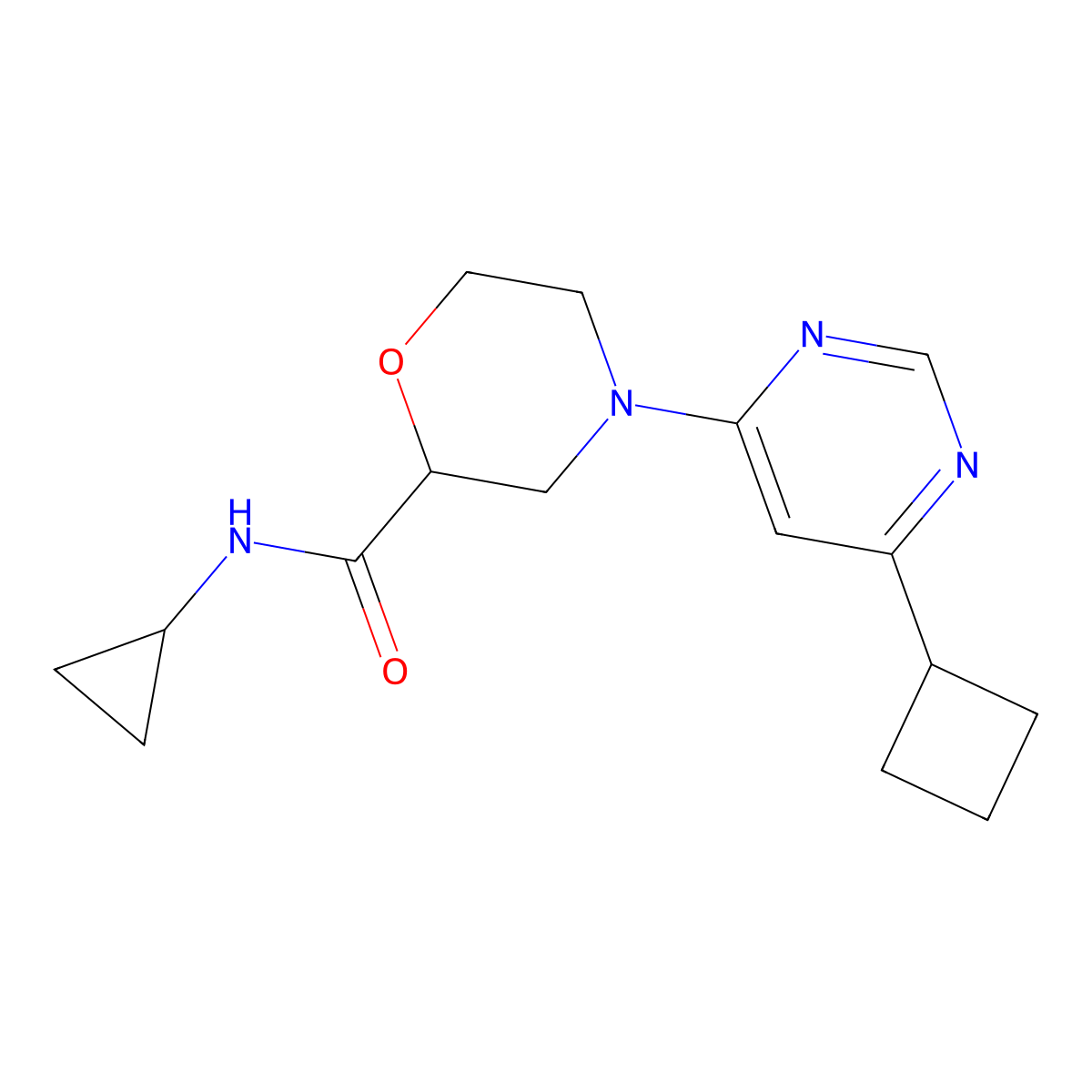 4-(6-cyclobutylpyrimidin-4-yl)-N-cyclopropylmorpholine-2-carboxamide molecular structure, CAS 2640961-38-0