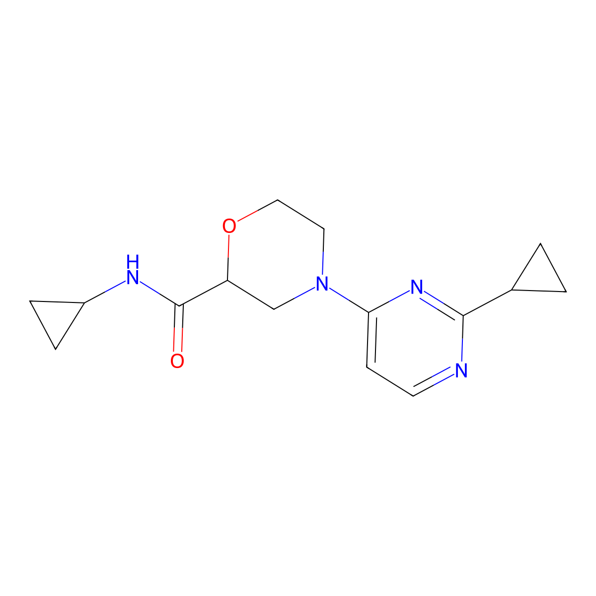 N-cyclopropyl-4-(2-cyclopropylpyrimidin-4-yl)morpholine-2-carboxamide molecular structure, CAS 2640961-39-1