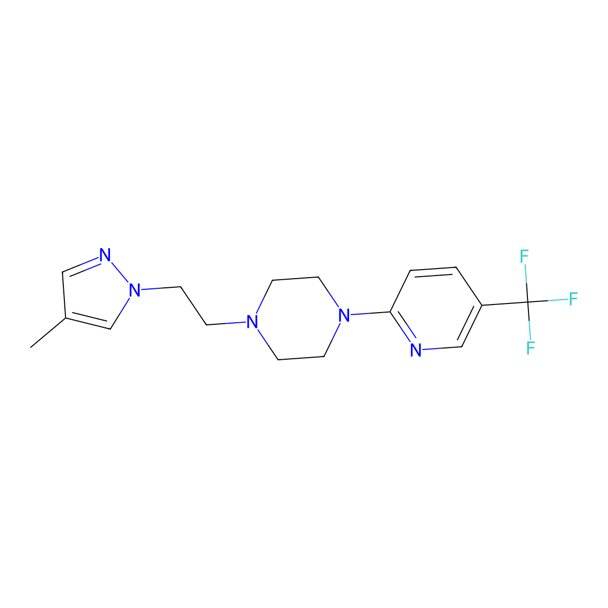 1-[2-(4-methyl-1H-pyrazol-1-yl)ethyl]-4-[5-(trifluoromethyl)pyridin-2-yl]piperazine molecular structure, CAS 2640961-41-5
