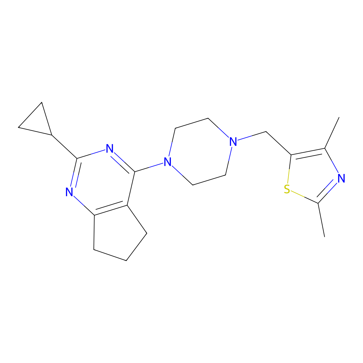 1-{2-cyclopropyl-5H,6H,7H-cyclopenta[d]pyrimidin-4-yl}-4-[(2,4-dimethyl-1,3-thiazol-5-yl)methyl]piperazine molecular structure, CAS 2640961-46-0