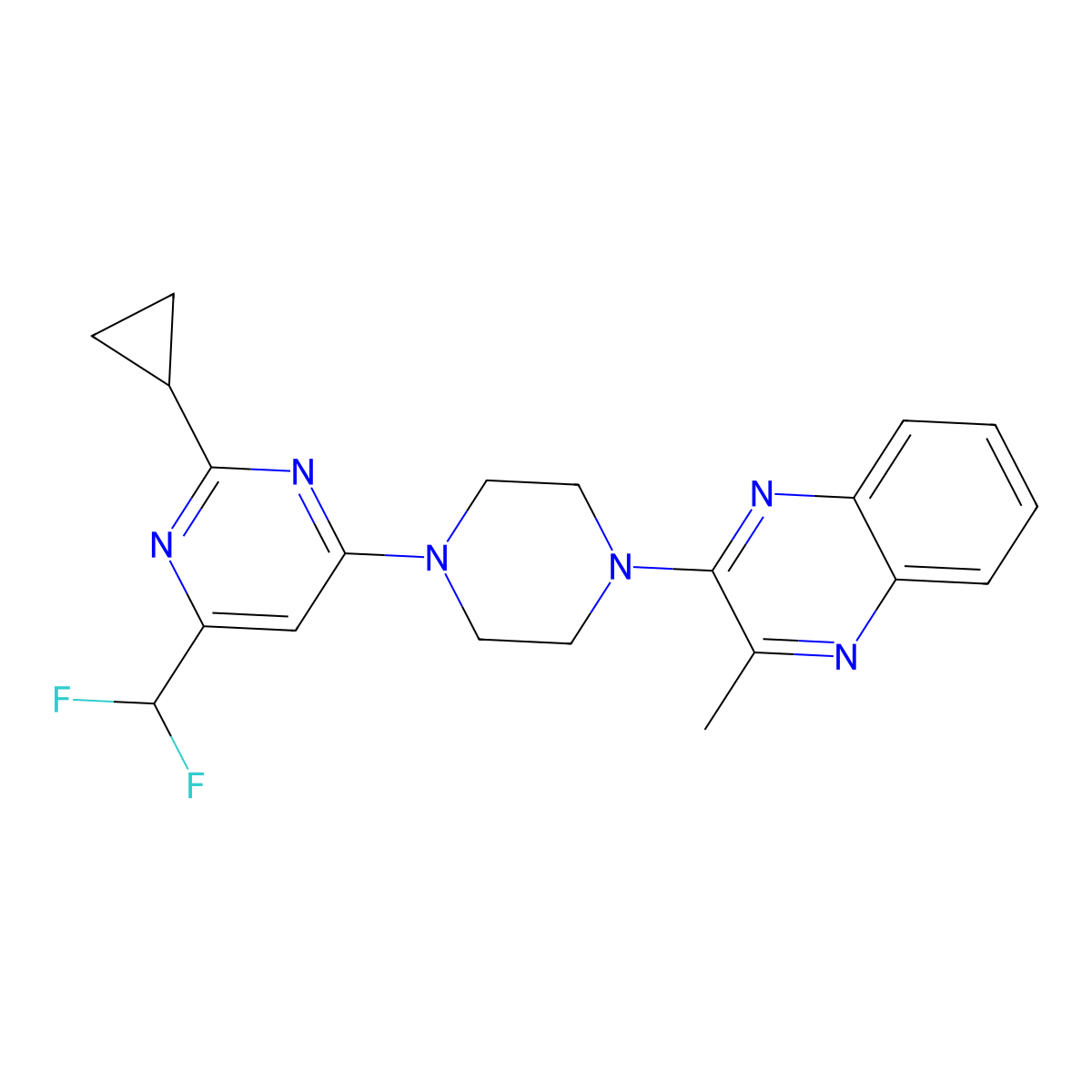 2-{4-[2-Cyclopropyl-6-(difluoromethyl)pyrimidin-4-yl]piperazin-1-yl}-3-methylquinoxaline molecular structure, CAS 2640961-48-2